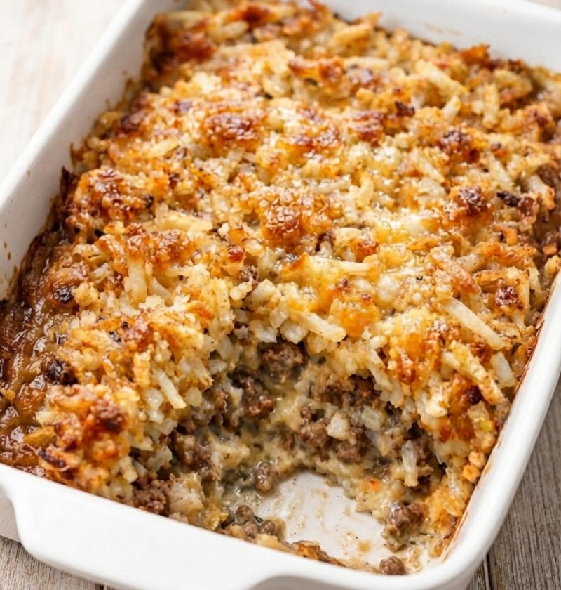 Oven Baked 4-Ingredient Amish Beef and Hashbrown Casserole