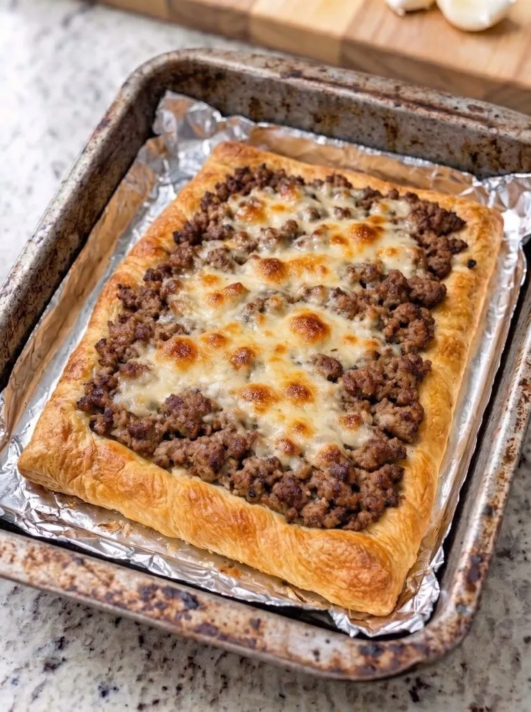 Oven Baked 4-Ingredient Beef Crescent Flatbread