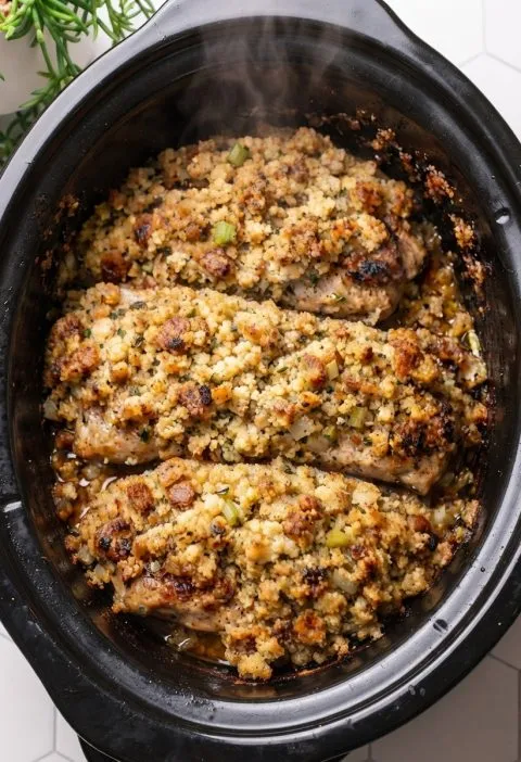 Slow Cooker 3-Ingredient Amish Stuffing Pork Chops