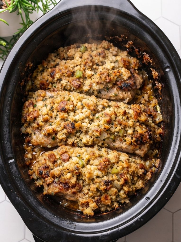 Slow Cooker 3-Ingredient Amish Stuffing Pork Chops