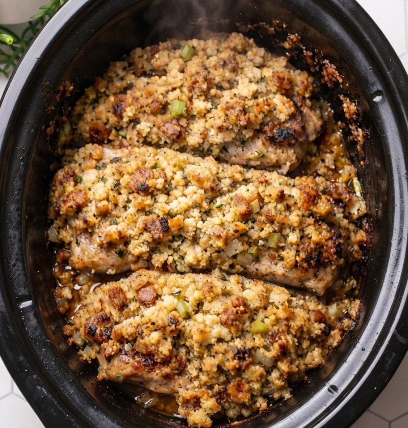 Slow Cooker 3-Ingredient Amish Stuffing Pork Chops