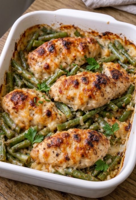 Oven Baked 4-Ingredient Amish Chicken and Green Bean Bake