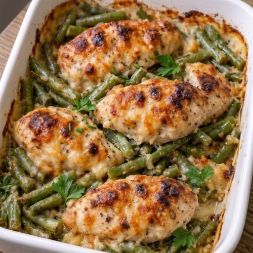 Oven Baked 4-Ingredient Amish Chicken and Green Bean Bake