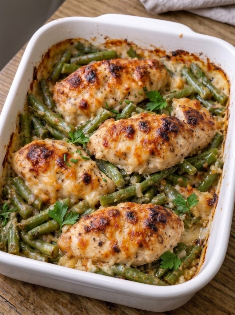 Oven Baked 4-Ingredient Amish Chicken and Green Bean Bake