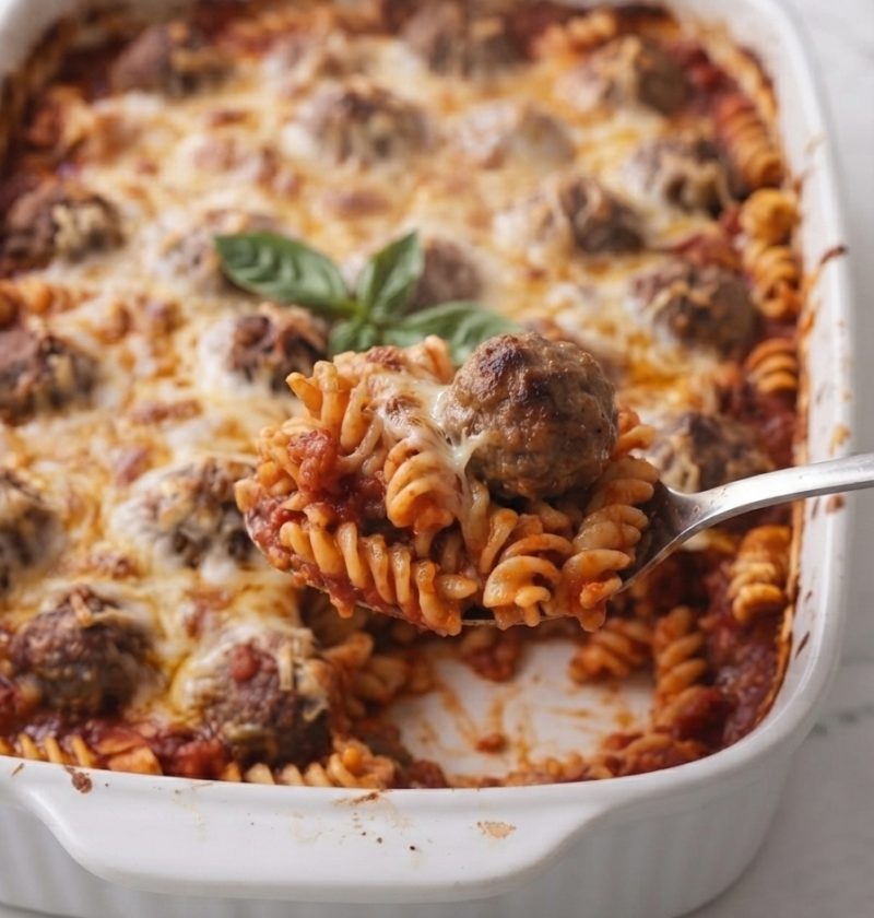 Oven Baked 4-Ingredients Sheet Pan Meatball Pasta