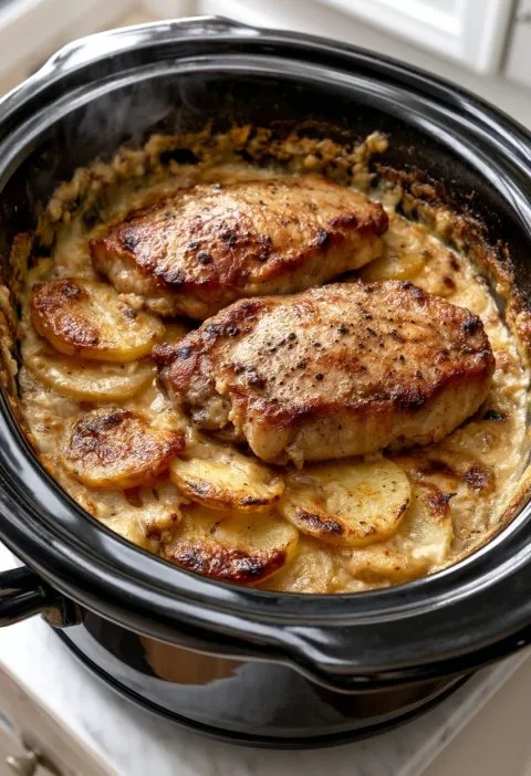Slow Cooker 4-Ingredient Pork Chops and Scalloped Potatoes