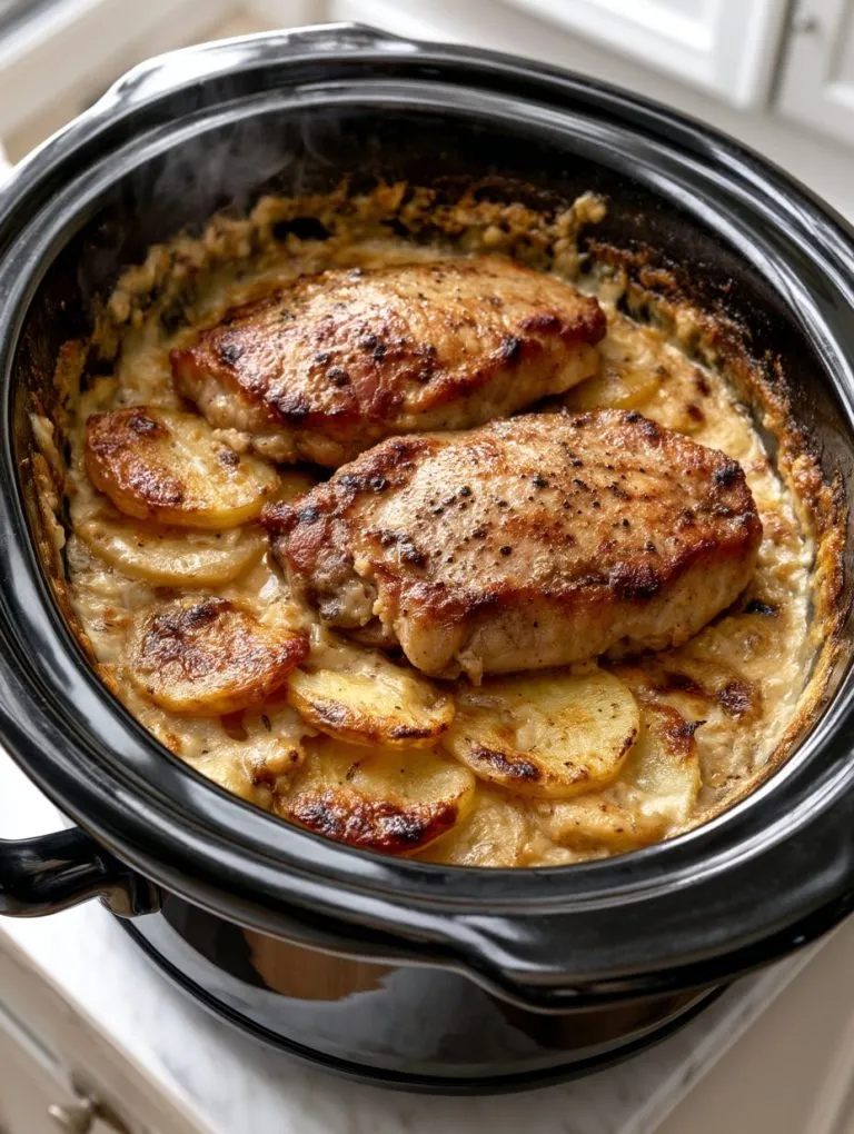 Slow Cooker 4-Ingredient Pork Chops and Scalloped Potatoes