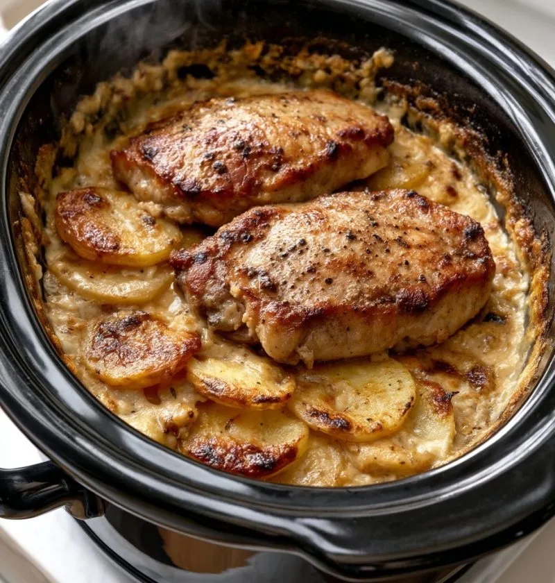 Slow Cooker 4-Ingredient Pork Chops and Scalloped Potatoes