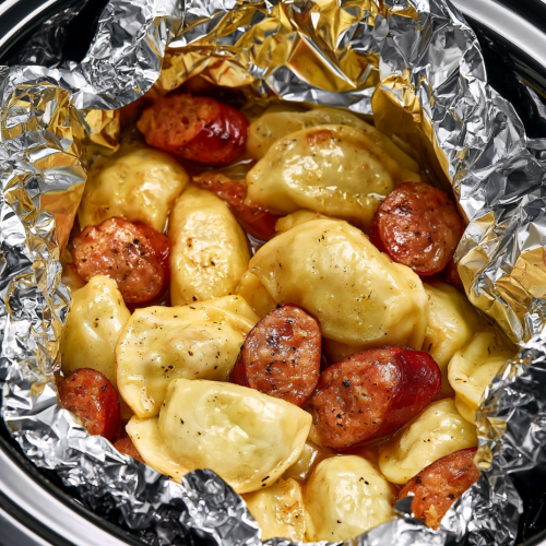 Slow Cooker Foil Packet Sausage and Pierogies