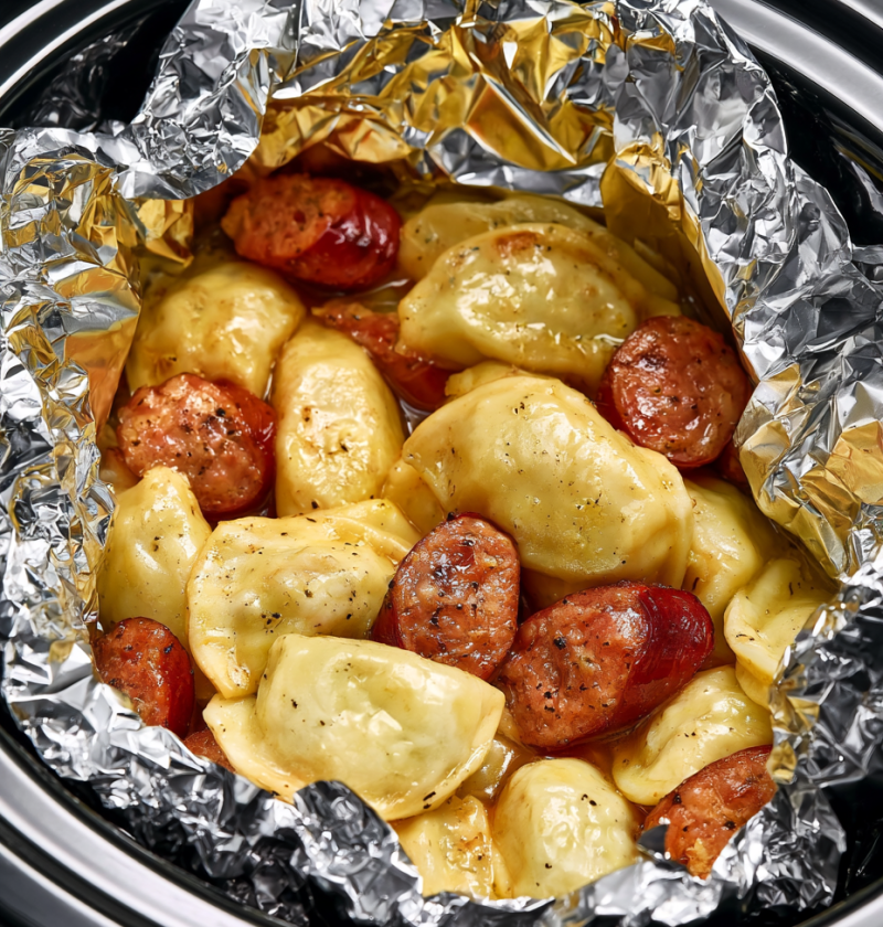 Slow Cooker Foil Packet Sausage and Pierogies