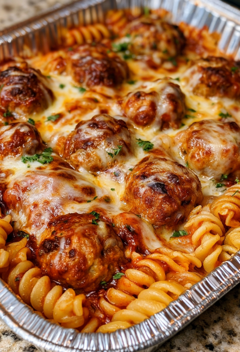 Oven Baked 4-Ingredients Sheet Pan Meatball Pasta