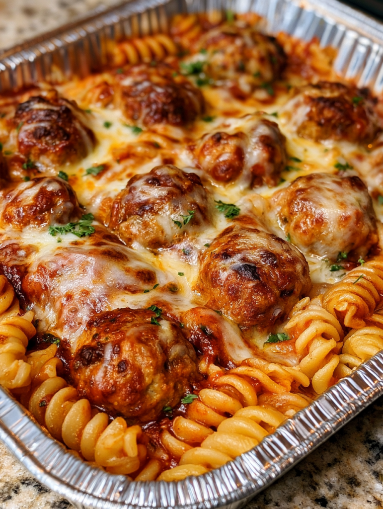 Oven Baked 4-Ingredients Sheet Pan Meatball Pasta