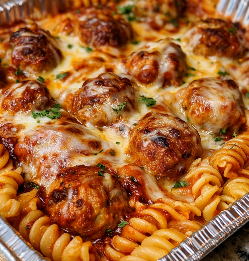 Oven Baked 4-Ingredients Sheet Pan Meatball Pasta