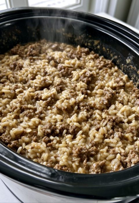Slow Cooker 4-Ingredient Beef and Rice Casserole