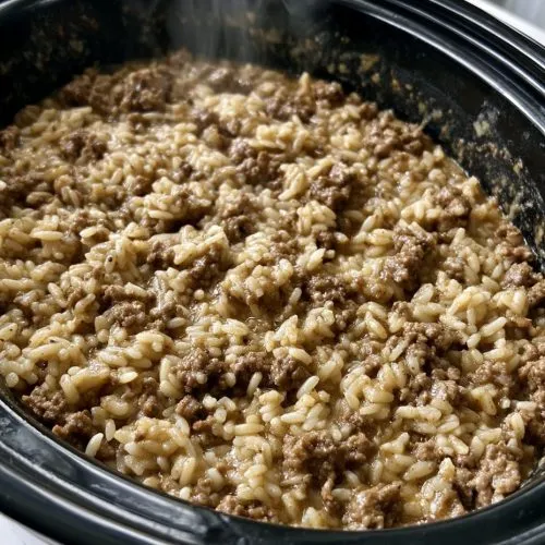 Slow Cooker 4-Ingredient Beef and Rice Casserole