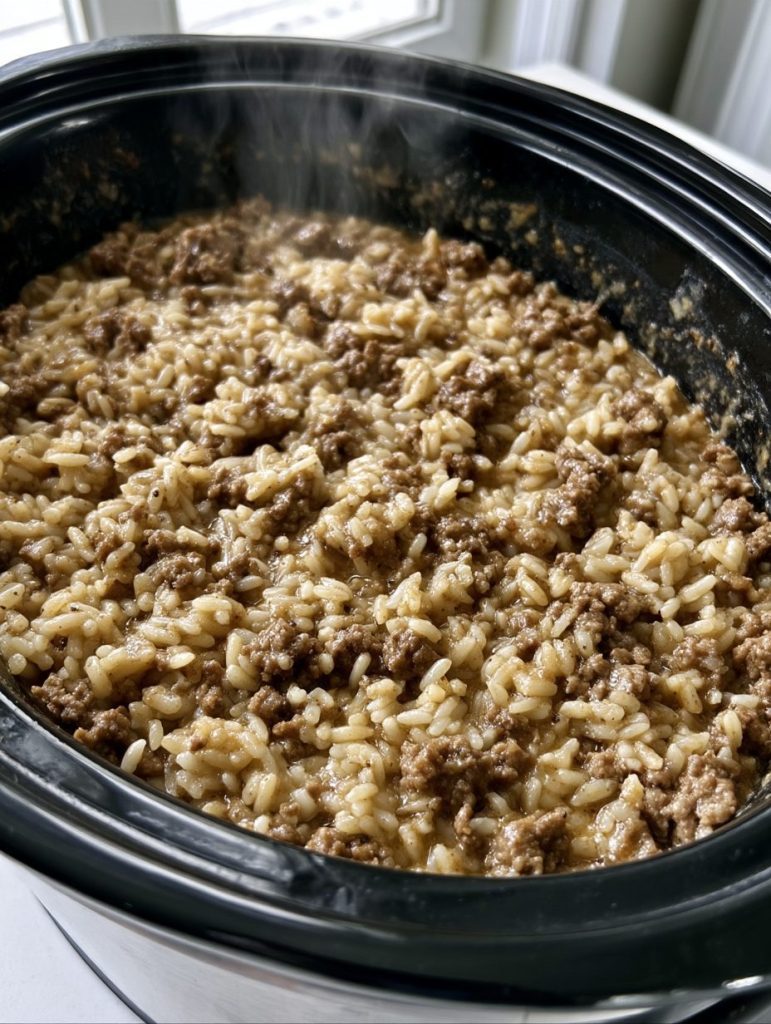 Slow Cooker 4-Ingredient Beef and Rice Casserole