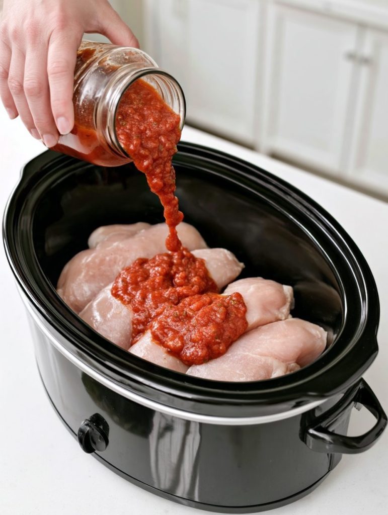 Slow Cooker 6-Ingredient Chicken Parmesan-Style