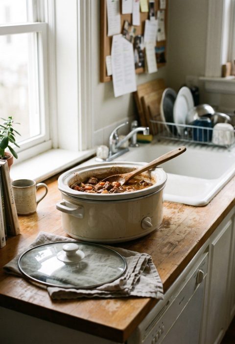 A slow cooker on a kitchen counter with the lid beside it