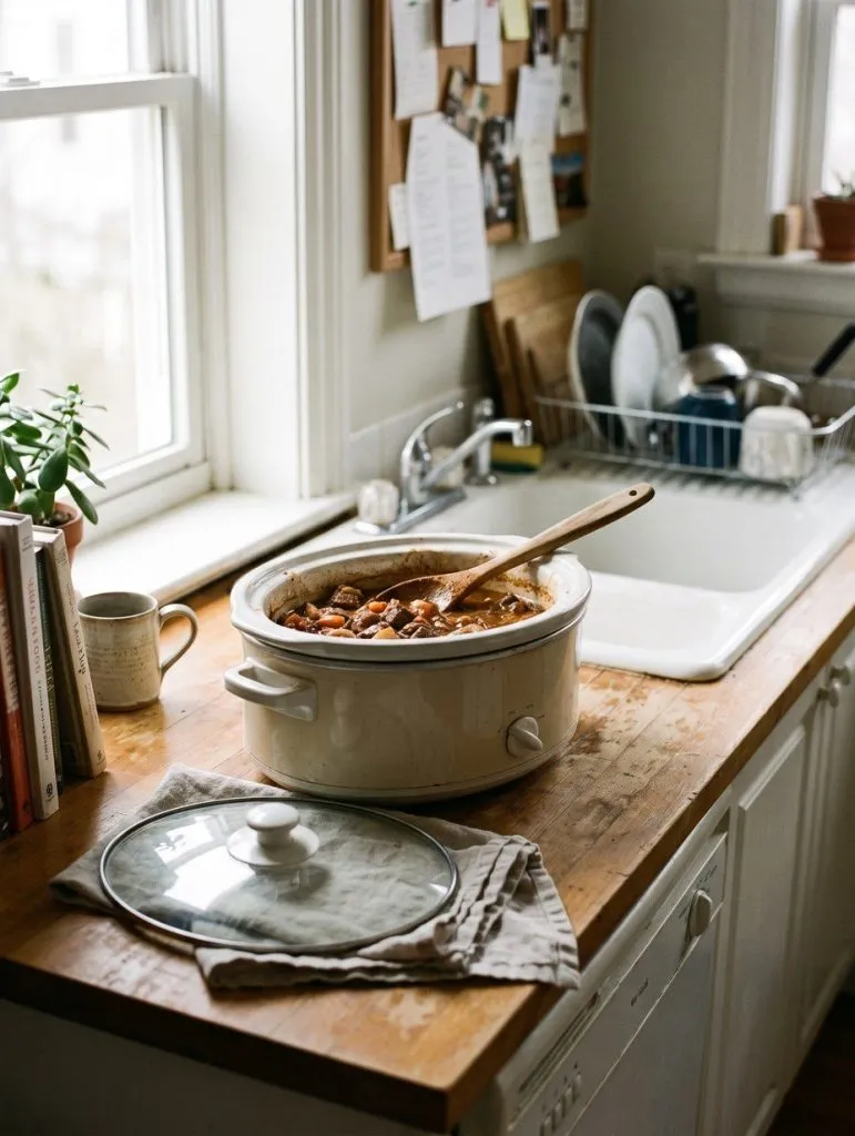 A slow cooker on a kitchen counter with the lid beside it