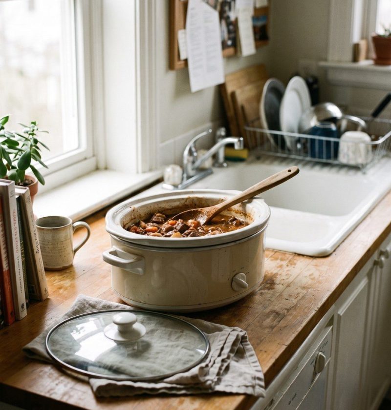A slow cooker on a kitchen counter with the lid beside it