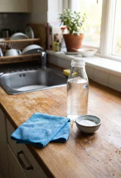 A bottle of white vinegar on a kitchen counter with a cleaning cloth
