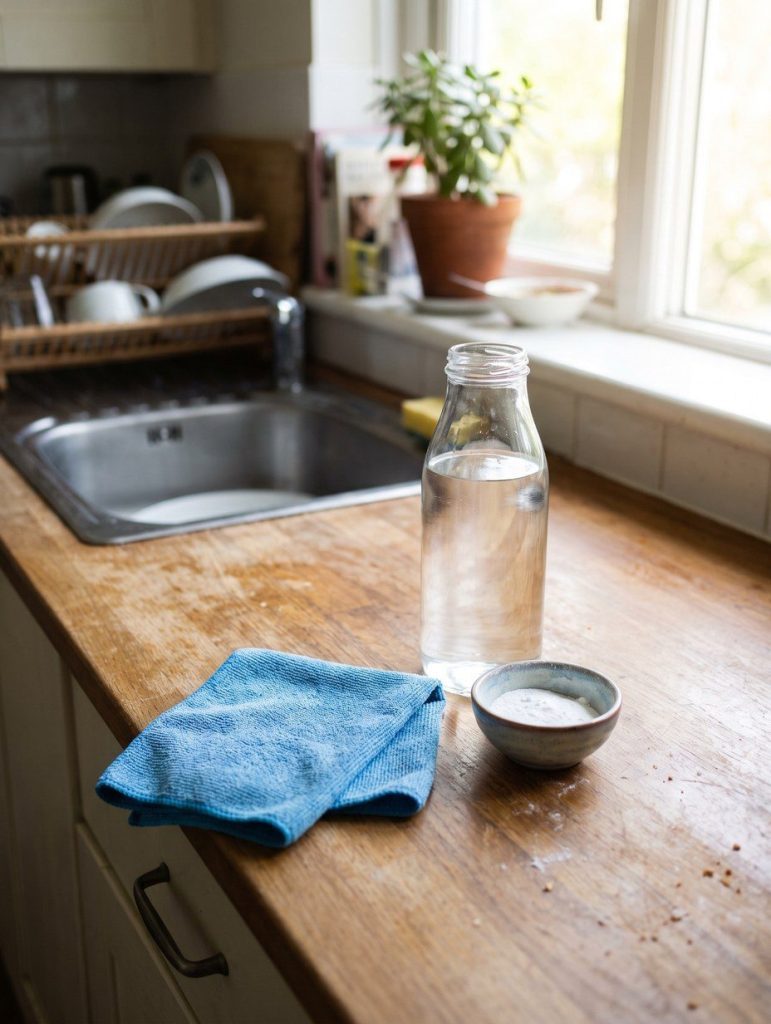 A bottle of white vinegar on a kitchen counter with a cleaning cloth