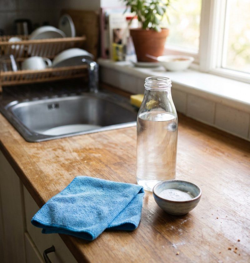 A bottle of white vinegar on a kitchen counter with a cleaning cloth