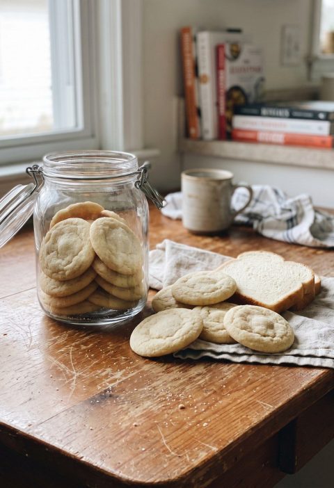 A jar of soft sugar cookies with a slice of white bread among them