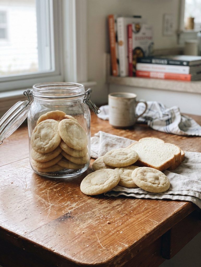A jar of soft sugar cookies with a slice of white bread among them