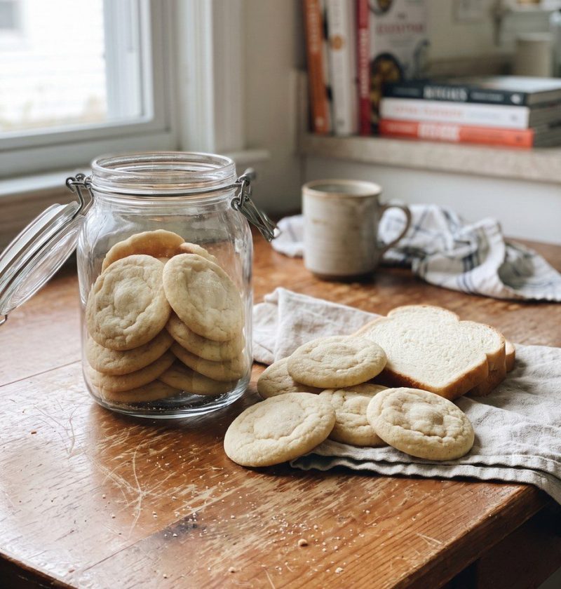 A jar of soft sugar cookies with a slice of white bread among them