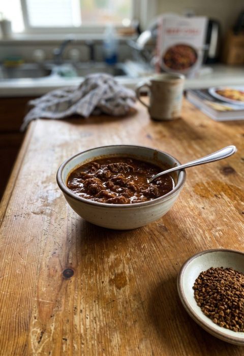 A bowl of beef chili beside a dish of coffee granules