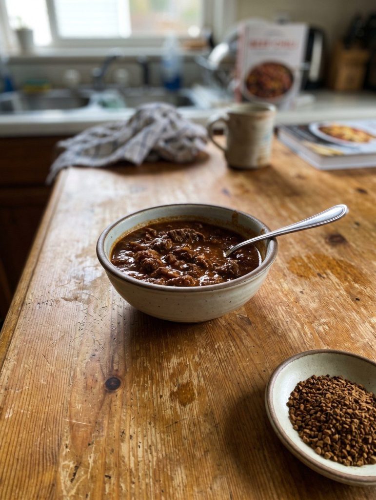 A bowl of beef chili beside a dish of coffee granules