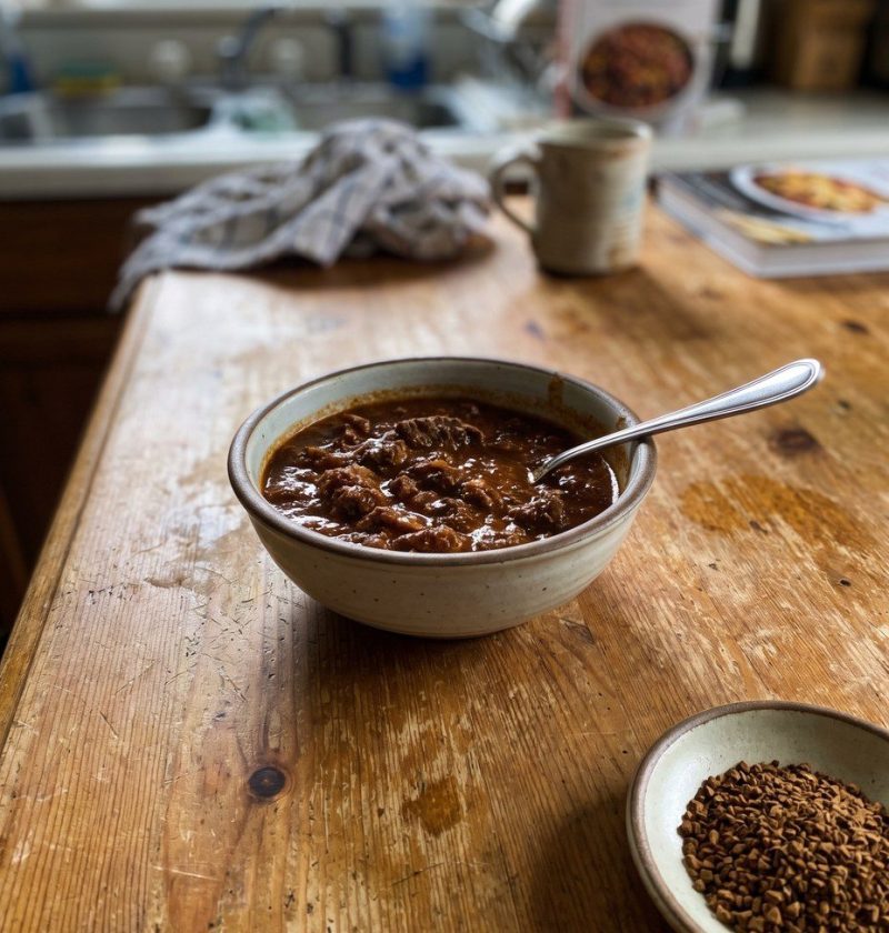 A bowl of beef chili beside a dish of coffee granules