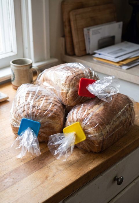 Loaves of sliced bread with different coloured closure tags