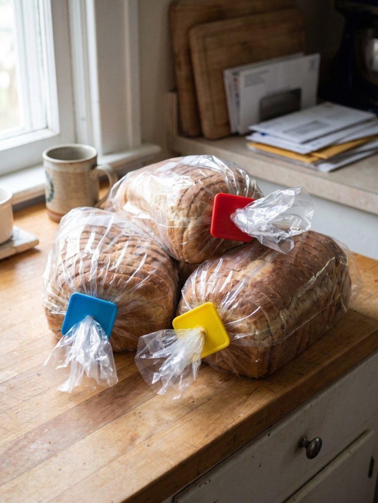 Loaves of sliced bread with different coloured closure tags