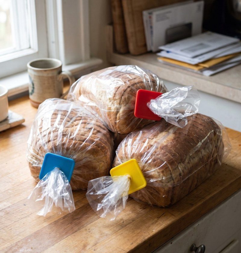 Loaves of sliced bread with different coloured closure tags