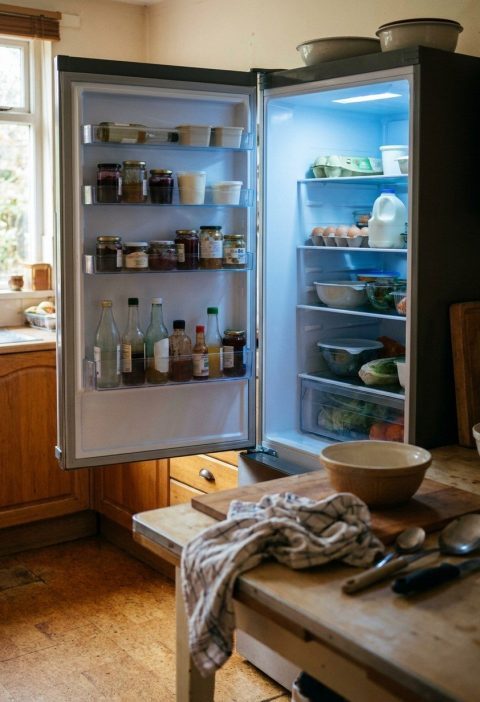 An open refrigerator with bottles and jars in the door shelves