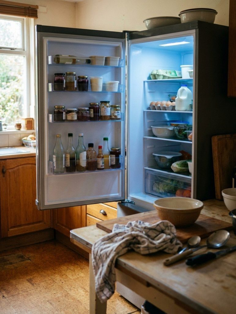 An open refrigerator with bottles and jars in the door shelves