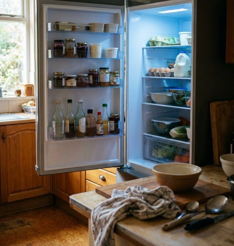 An open refrigerator with bottles and jars in the door shelves