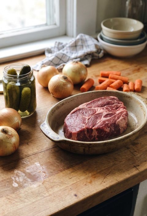 A raw beef chuck roast with onions, carrots and a jar of dill pickles