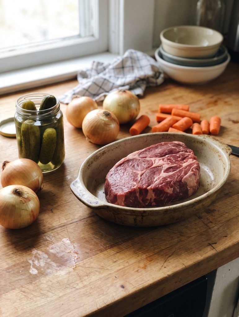 A raw beef chuck roast with onions, carrots and a jar of dill pickles