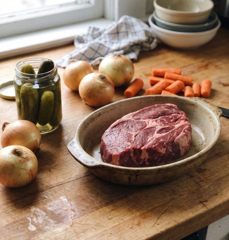 A raw beef chuck roast with onions, carrots and a jar of dill pickles