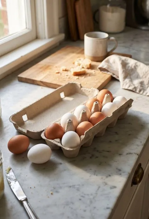 An open carton of brown and white eggs on a counter
