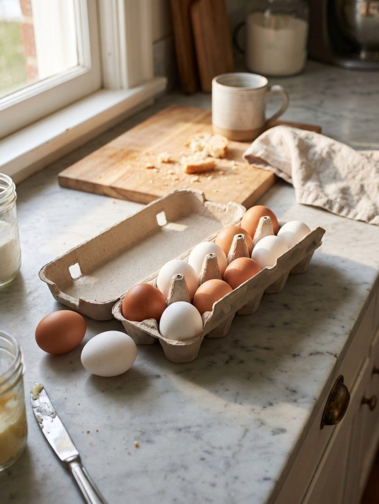 An open carton of brown and white eggs on a counter