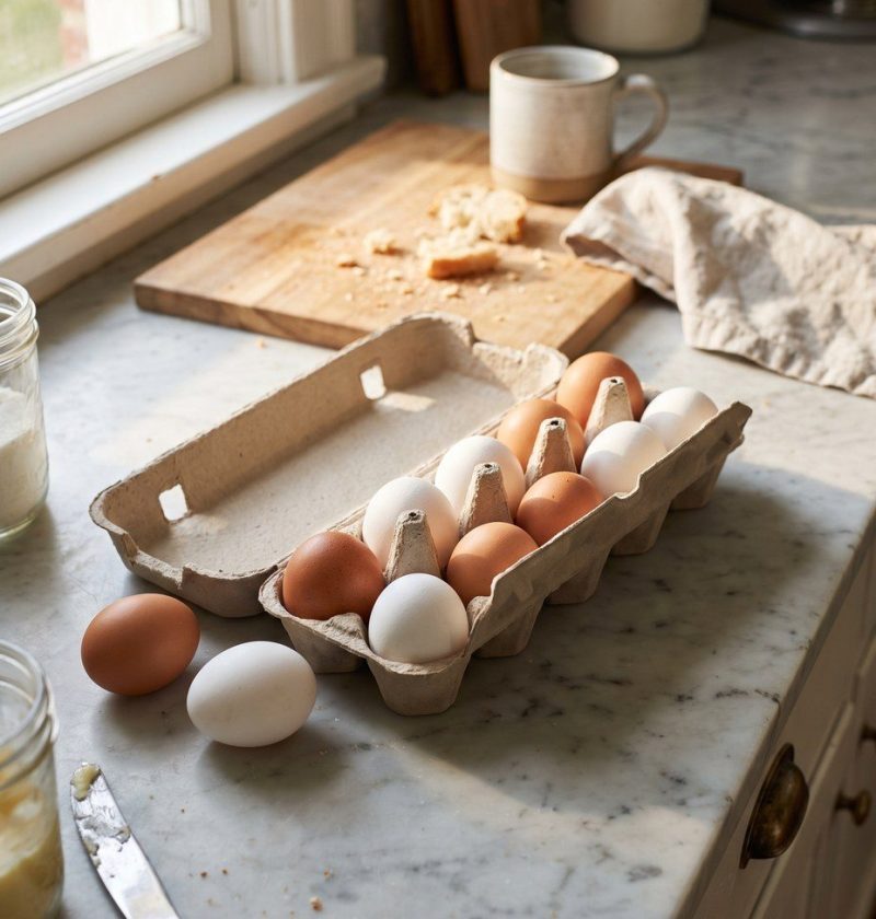 An open carton of brown and white eggs on a counter