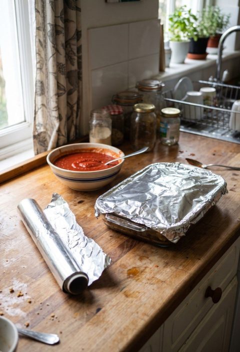 A roll of aluminium foil beside a covered dish and a bowl of tomato sauce