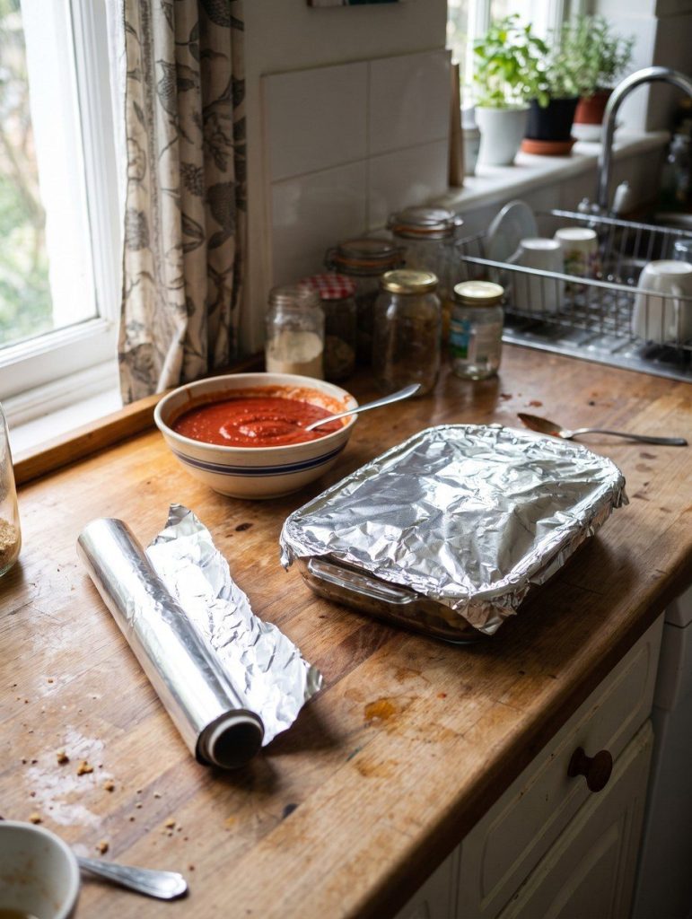 A roll of aluminium foil beside a covered dish and a bowl of tomato sauce