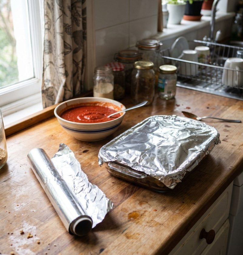 A roll of aluminium foil beside a covered dish and a bowl of tomato sauce