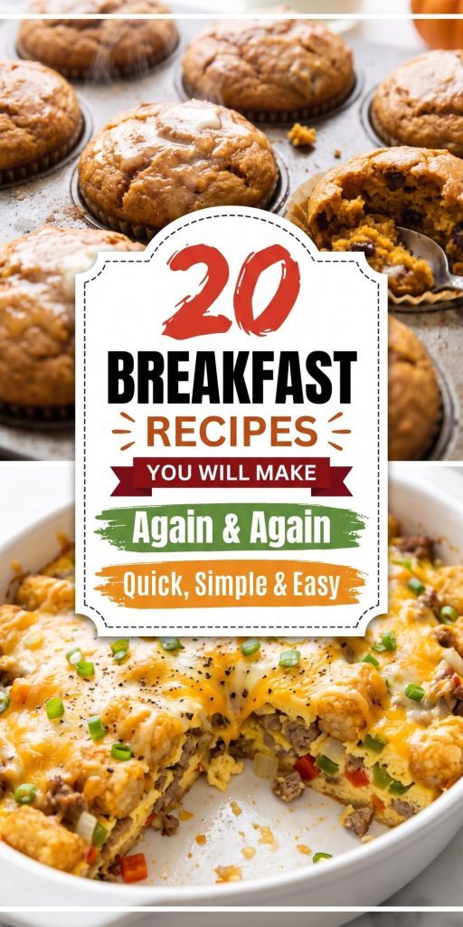 20 Breakfast Recipes – collage of easy recipes