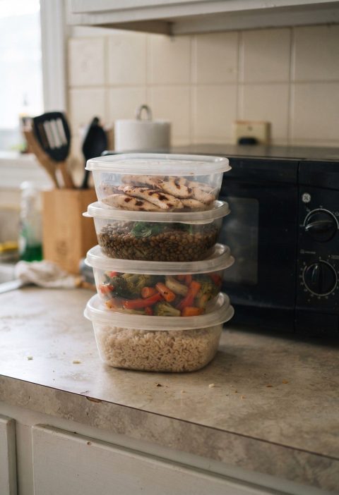 Stacked plastic food containers beside a microwave